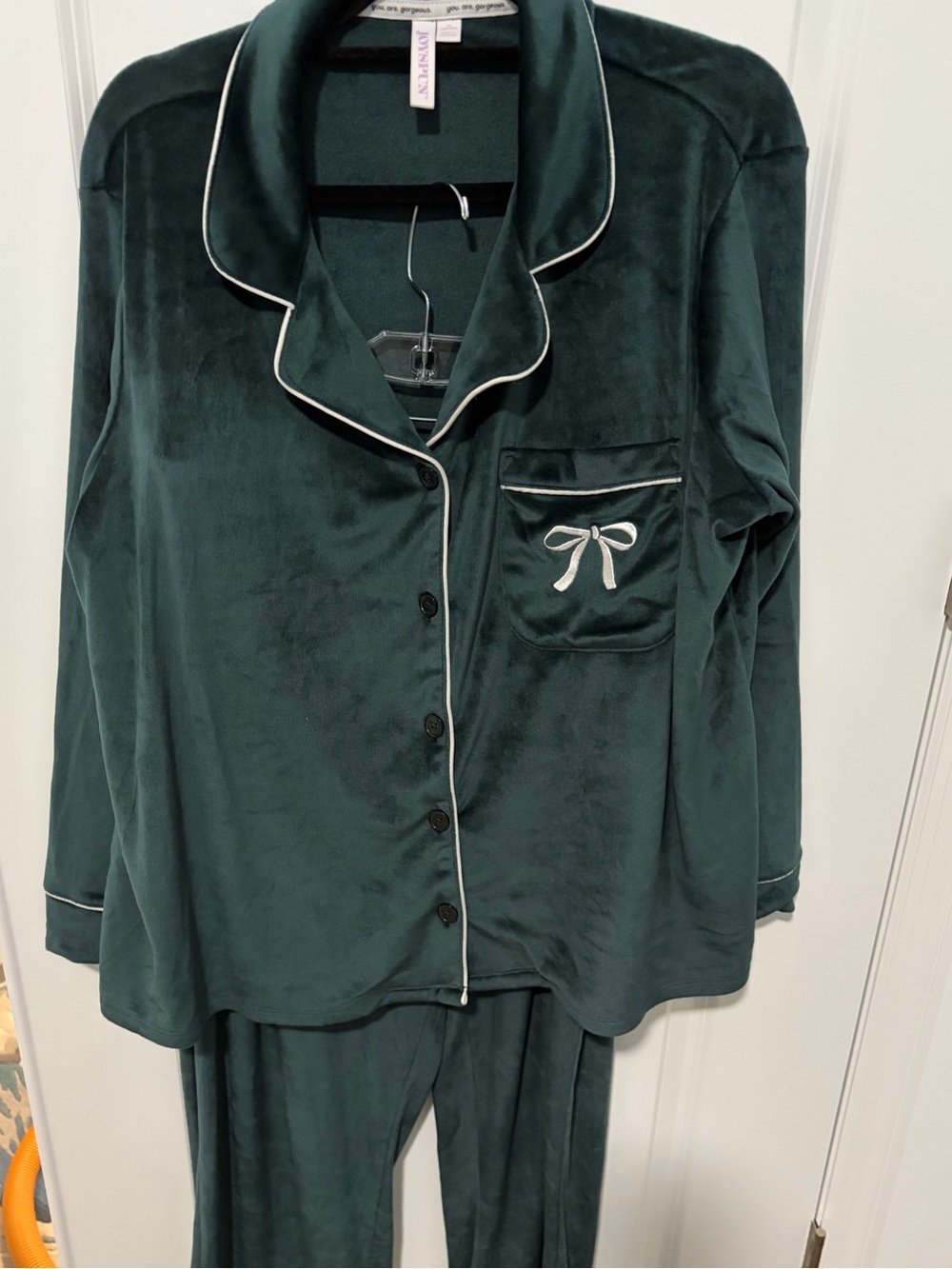 Velvet Dark Green Pajama Set with White Piping